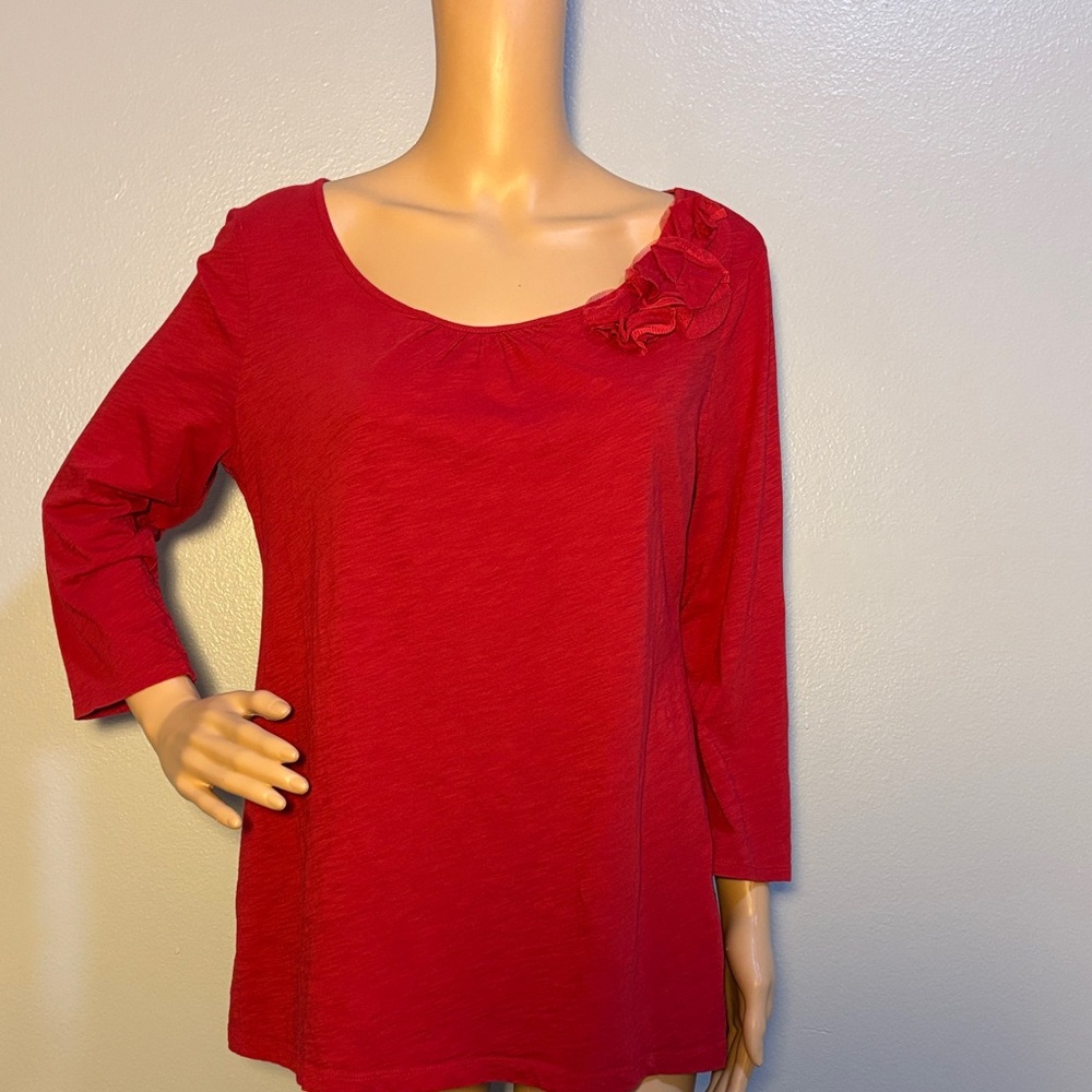 LOFT Red 3/4 Sleeve Cotton Top with Floral Accent